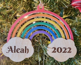 2022 Rainbow Christmas Tree Ornament Decoration, Personalized with Name and Year. Customized for Rainbow Baby Girls or Boys. Handmade Wooden