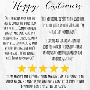 May include: Five-star customer reviews for a shop selling personalized gifts. The reviews highlight fast shipping, excellent communication, and high-quality products. The text includes quotes from happy customers.