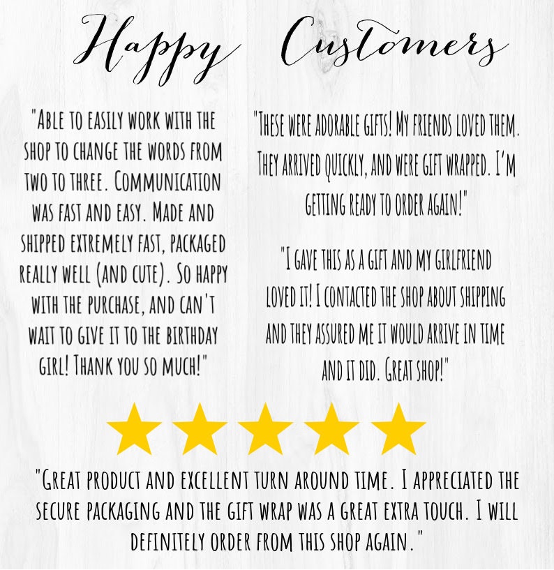 May include: Five-star customer reviews for a shop selling personalized gifts. The reviews highlight fast shipping, excellent communication, and high-quality products. The text includes quotes from happy customers.