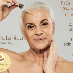 May include: A woman applies a clear serum to her face. The bottle is labeled "FaCe to Face 10% Vitamins C and E Oil Serum". The text below reads "A gentler vitamin C to keep sensitive skin healthy and glowing!"