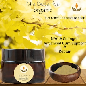 May include: A dark glass jar with a black lid and a wooden bowl filled with a light-colored powder. The jar has a label with the words "Mia Botanica" and "organic". The background is a blurred image of yellow leaves and text that reads "NAC & Collagen Advanced Gum Support & Repair".