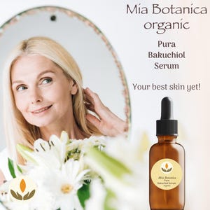 May include: An amber glass bottle of Mia Botanica Pura Bakuchiol Serum with a black dropper. The bottle is next to a woman looking in a mirror. The text on the bottle reads "Mia Botanica Pura Bakuchiol Serum organic". The text "Your best skin yet!" is also visible.