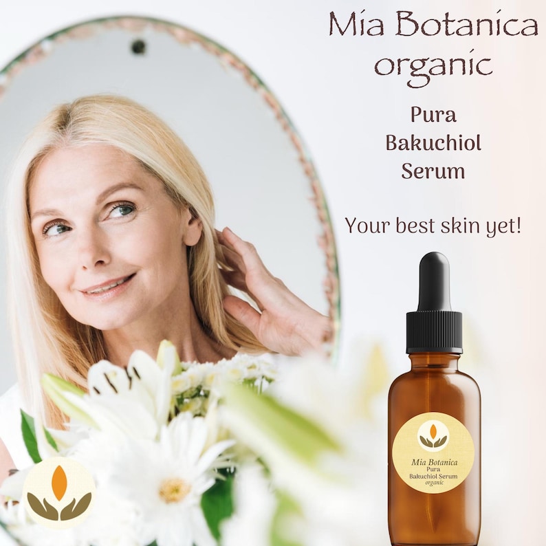 May include: An amber glass bottle of Mia Botanica Pura Bakuchiol Serum with a black dropper. The bottle is next to a woman looking in a mirror. The text on the bottle reads "Mia Botanica Pura Bakuchiol Serum organic". The text "Your best skin yet!" is also visible.