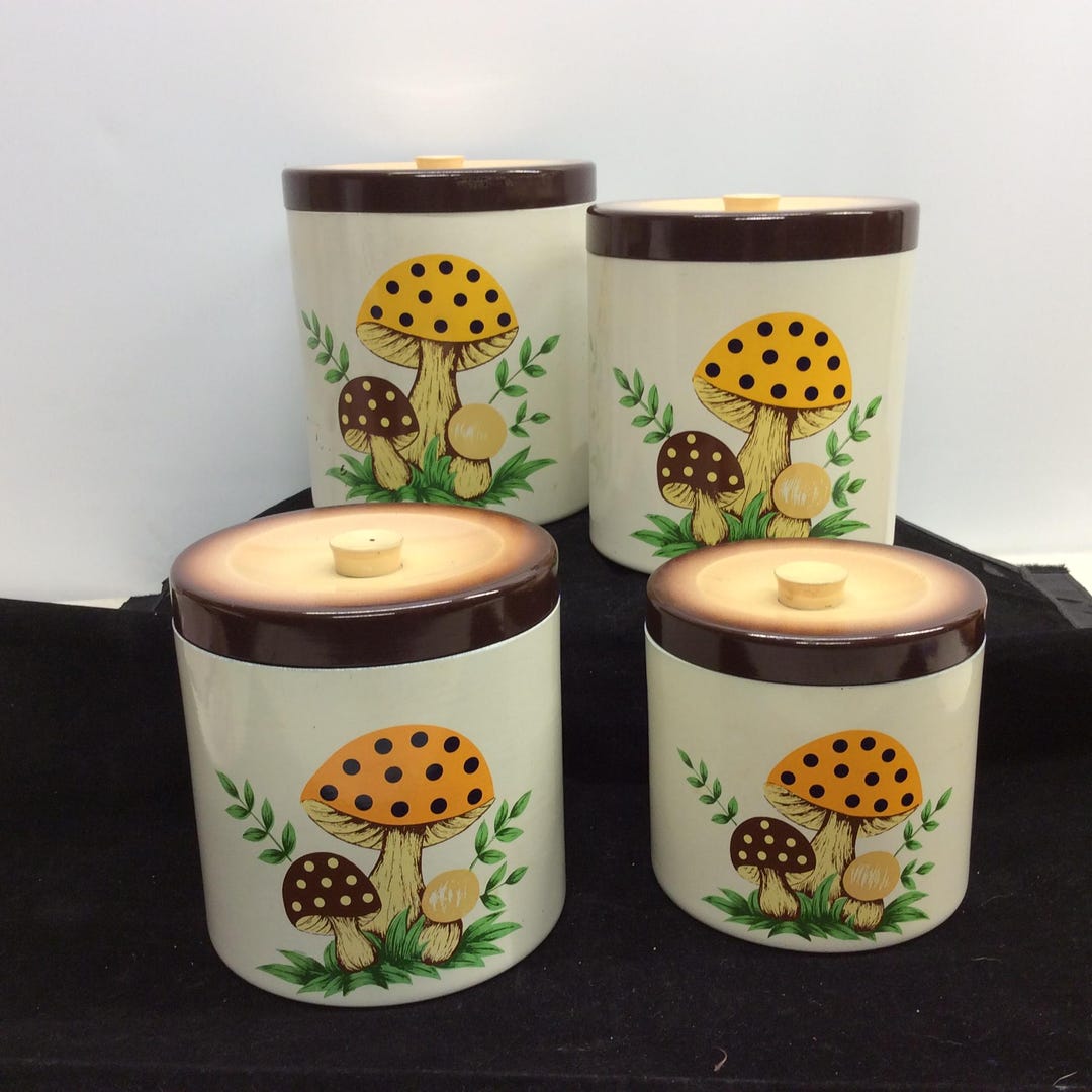 Vintage SEARS ROEBUCK Merry Mushroom Lacquerware Canister Set of 4 1976
