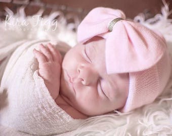 Pink baby hat, gold hospital hat, pink gold baby hat, newborn bow, hospital hat, newborn girl hospital hat, newborn hat, newborn hair bow