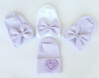 Purple hospital hat, Baby girl hat, lavender and white baby hat, newborn hat, baby hospital hat, newborn hospital hat, hospital bow hat