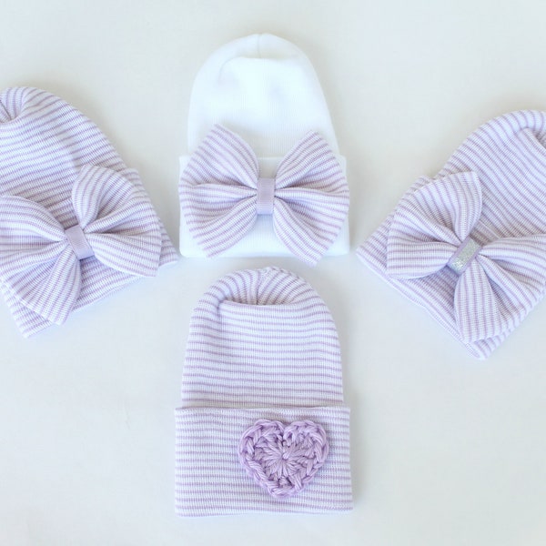 Purple hospital hat, Baby girl hat, lavender and white baby hat, newborn hat, baby hospital hat, newborn hospital hat, hospital bow hat