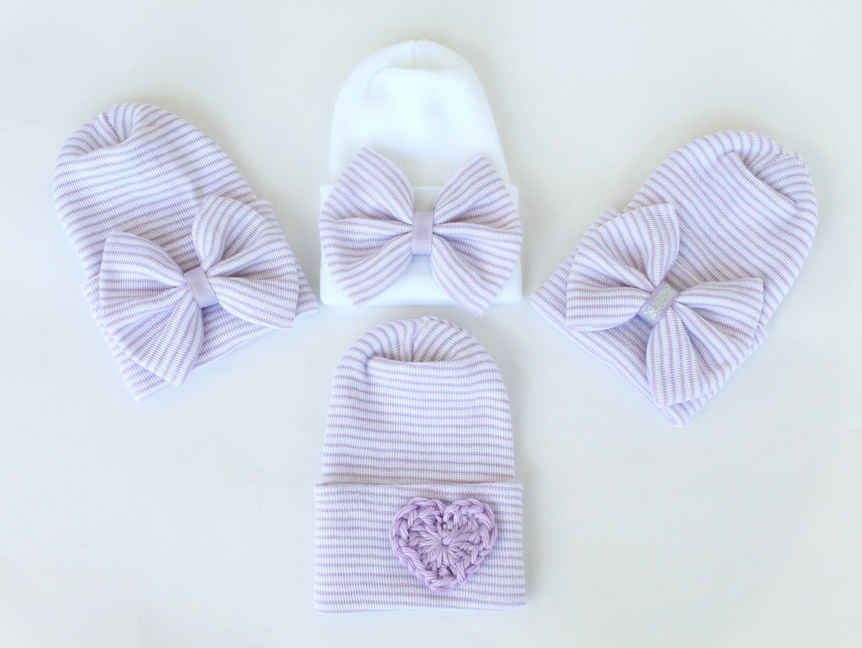 Purple hospital hat, Baby girl hat, lavender and white baby hat, newborn hat, baby hospital hat, newborn hospital hat, hospital bow hat