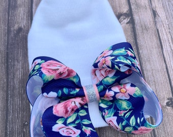 Floral baby hat, Hospital hat, girl baby hat, flower newborn hat, newborn hat with bow, newborn outfit, big bow hat, newborn bow