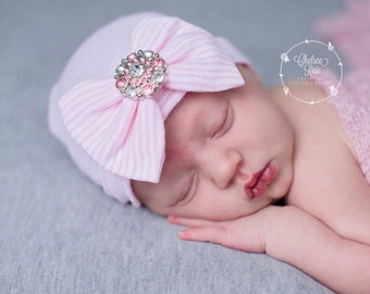 Newborn girl hat, newborn hospital hat, baby girl hat, hospital hat, infant girl hat, newborn bow hat, newborn beenie, baby beanie