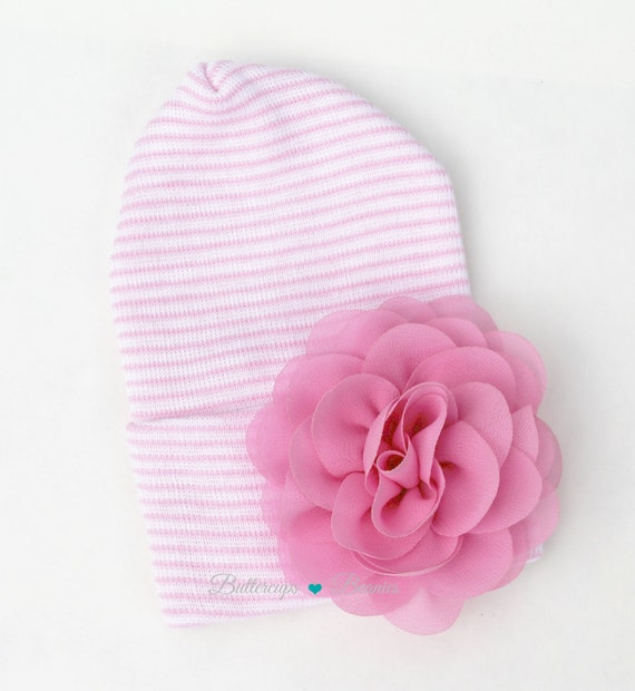Newborn Hat With Flower PINK Newborn Hospital Hat Coming Home Baby