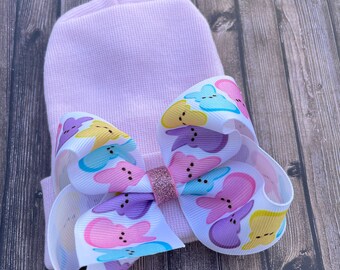 Easter Bunny Bow Newborn Hat: Pink Hospital Grade Baby Girl Outfit