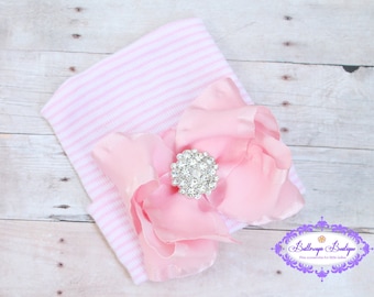 Pink Newborn Hospital Hat: Ruffle Bow, Rhinestone Detail