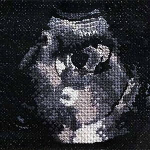 Könnte beinhalten: Ein Schwarzweiß-Ultraschallbild eines Babys im Mutterleib. Das Bild ist pixelig und hat eine körnige Textur.