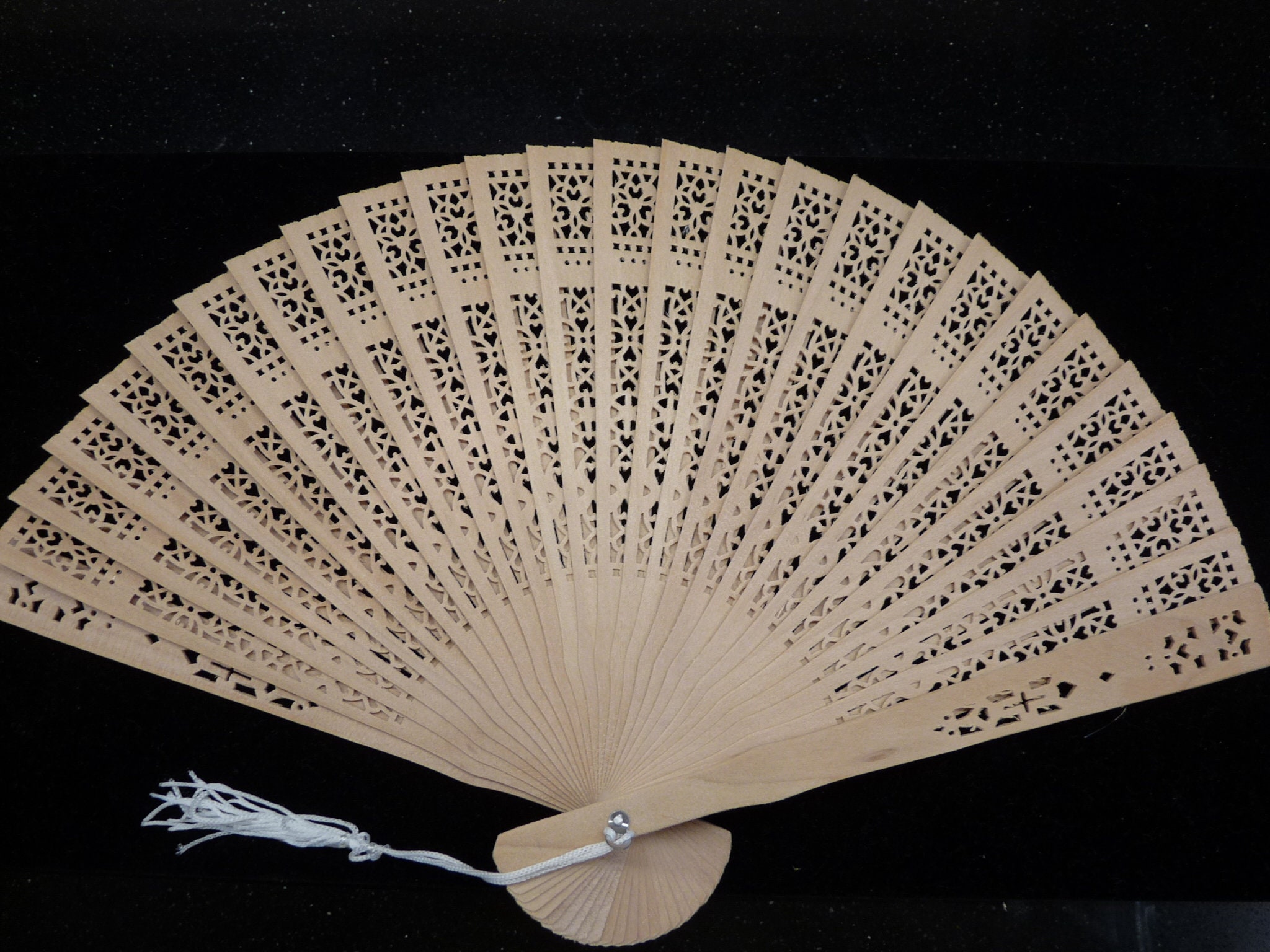 Vintage Occupied Japan Hand Fan Set: Pierced Wood & Floral Paper