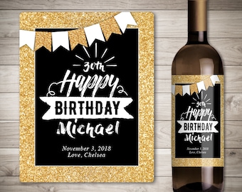 Birthday Wine Label - Birthday Gift Wine Label - Custom Wine Label - Personalized Wine Label - Gold Birthday Party Wine Bottle Label