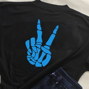 DIY Glow in the Dark peace skeleton hand, iron-on vinyl designs ready to press, permanent heat transfer vinyl, washable, FREE shipping