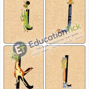 Può includere: Quattro carte educative rettangolari con le lettere i, j, k e l. La lettera i è abbinata a un insetto verde, j a un bambino su uno scivolo, k a un canguro e una testa aliena, e l a gambe con pantaloncini e scarpe da ginnastica.
