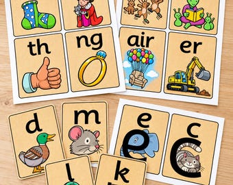 May include: A collection of educational phonics cards featuring letters and digraphs paired with colorful illustrations. The cards display text such as ck, qu, oi, ear, th, ng, air, er, d, m, e, c, l, and k, alongside images of a sock, queen, bunnies, alien, thumb, ring, chair, excavator, duck, mouse, elephant, cat, lollipop, and kite.