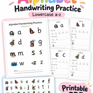 Puede incluir: Un conjunto de hojas de trabajo educativas para practicar la caligrafía del alfabeto con letras minúsculas de la a a la z. Cada página incluye letras para calcar, líneas en blanco para escribir de forma independiente e ilustraciones coloridas.