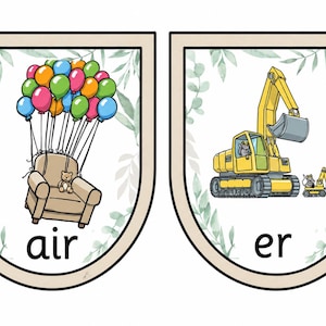 Könnte beinhalten: Zwei schildförmige Lernbanner mit hellgrünem Blattrand. Das linke Banner zeigt einen braunen Sessel, der von bunten Luftballons gehoben wird, mit dem Text 'air'. Das rechte Banner zeigt einen gelben Bagger mit dem Text 'er'.