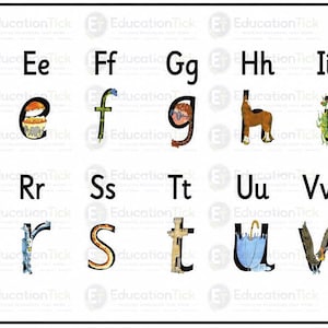 Può includere: Una tabella educativa dell'alfabeto che mostra le lettere maiuscole e minuscole dalla A alla Z. Ogni lettera minuscola presenta un'illustrazione unica e colorata integrata nella sua forma, come una mela per la a, un orso per la b e un'arancia per la o.