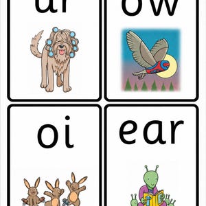 May include: A set of four educational flashcards with black borders. The top left card shows the text 'ur' with a dog wearing hair rollers. The top right card shows 'ow' with a bird flying. The bottom left shows 'oi' with three rabbits, and the bottom right shows 'ear' with a green alien reading a book.