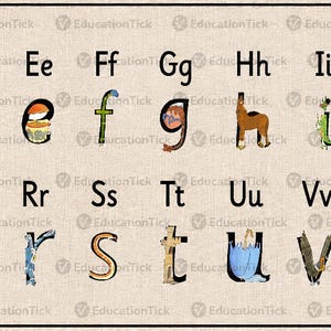 Può includere: Una tabella educativa dell'alfabeto che mostra le lettere maiuscole e minuscole dalla A alla Z. Ogni lettera minuscola è illustrata in modo creativo con un grafico colorato unico, come una mela per la a, un orso per la b e un'arancia per la o.