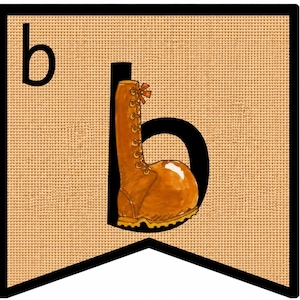 May include: A square banner with a tan, textured background and a black border. The lowercase letter b is printed in the top left corner. A large, brown, lace-up boot is integrated into the shape of the letter b, featuring visible laces.