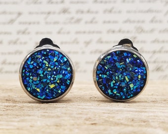 Clip On Earrings Dark Blue Navy Sparkling Imitation Druzy Geode for Non-Pierced Ears Costume Birthday Graduation Wedding Gift