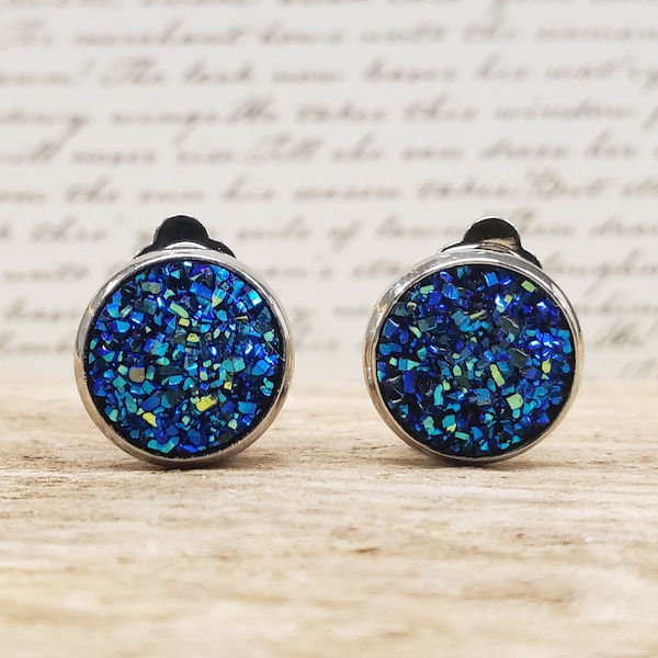 Clip On Earrings Dark Blue Navy Sparkling Imitation Druzy Geode for Non-Pierced Ears Costume Birthday Graduation Wedding Gift