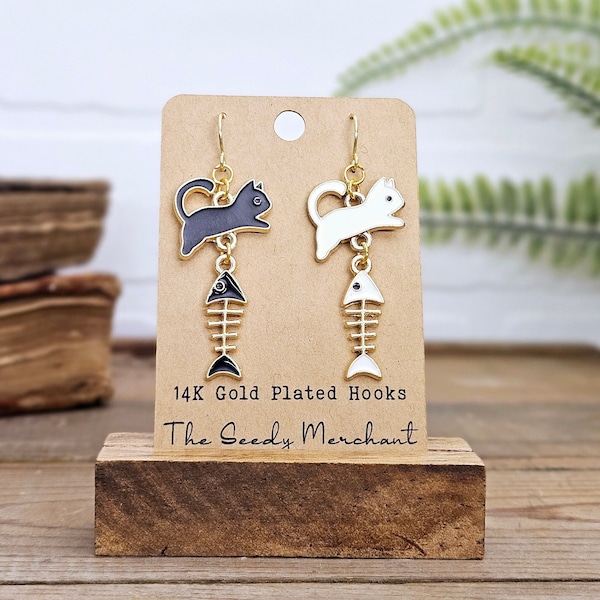 Dangle Earrings | Mismatched Black & White Cat with Fish Bones on 14K Gold Plated Hooks | Kitty Cats Cosplay Costume Birthday Wedding Gift