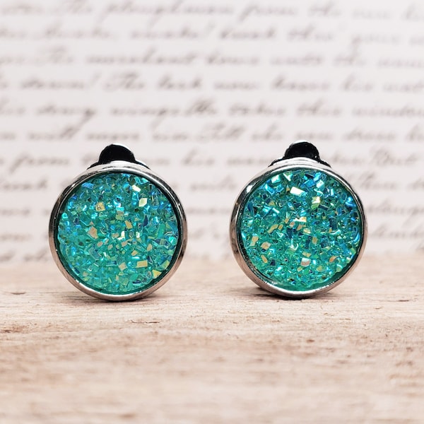 Clip On Earrings Teal Blue Sparkling Imitation Druzy Geode for Non-Pierced Ears Costume Birthday Graduation Wedding Gift