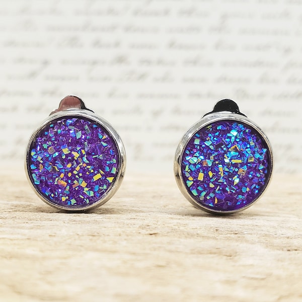 Clip On Earrings Dark Purple to Blue Sparkling Imitation Druzy Geode for Non-Pierced Ears Costume Birthday Graduation Wedding Gift