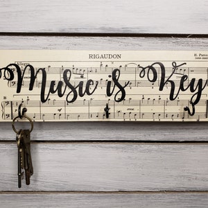 Music is Key Wood Key Holder Rack Choose 3, 4, 5 Hooks Vintage Sheet Music Musician Housewarming Wedding Birthday Holiday Christmas Gift