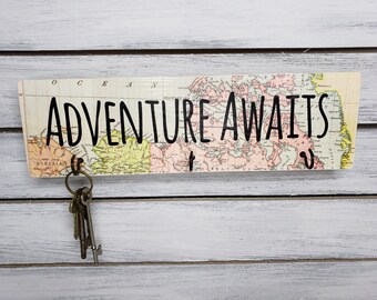 Adventure Awaits Map Wood Key Holder Rack Choose 3, 4, 5 Hooks Travel RV Vacation Housewarming Wedding Birthday Holiday Christmas Gift