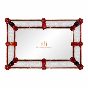 Red Venetian Mirror with 24 Karat Gold - Italian Designer Mirrors - Murano Art Glass - Elegant Masterpiece - Handmade in Murano