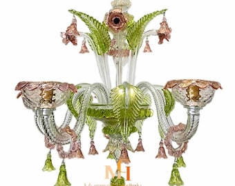 Pink and Green Murano Glass Chandelier - Handmade Luxury Glass Chandelier - Classic Italian Light - Wired For Your Country - Made in Venice