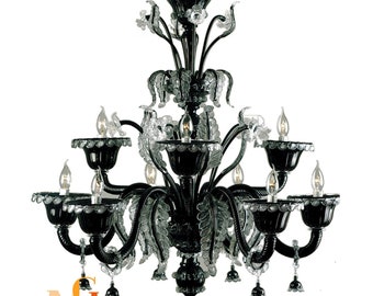 Black Crystal Chandelier - Italian Glass Chandelier with 9 Arms - Hand Blown Glass Masterpiece - Italian Lighting Fixures Made in Murano