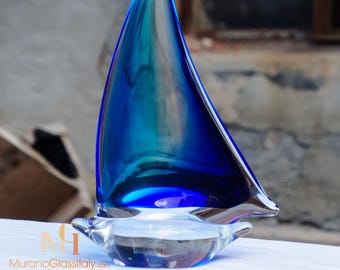 手吹きムラーノガラスの花瓶 - ブルー＆クリアベネチアンクリスタルの