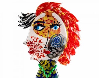 ムラーノガラスの顔の彫刻：カラフルな現代アート（10.62インチ