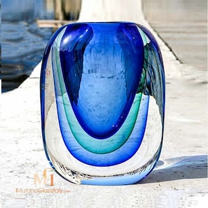 Murano Glass Vase - Venetian Hand Blown Blue And Clear Crystal Vase - Unique Wedding Gift - Exquisite Centerpiece Made In Murano, Italy