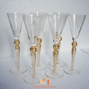 Murano Glass Champagne Flutes with 24 Karat Gold Set of 6 - Handmade Champagne Glasses - Unique Italian Gift - Hand Blown in Murano, Venice
