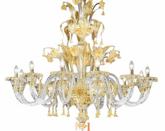 Gold and Crystal Chandelier - Handmade Chandelier - Italian Modern Light - Wired For Your Country - Hand Blown Lighting Made in Venice