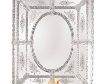 Modern Venetian Mirror with Crystal Flower Details - Luxury Mirror - Crystal Glass Centerpiece - Italian Designer Mirror - Handmade in Italy