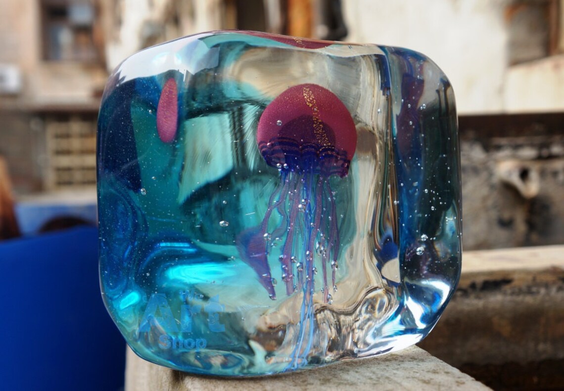 Jellyfish Sculpture in Blue Glass Cube Murano Glass Jellyfish Etsy