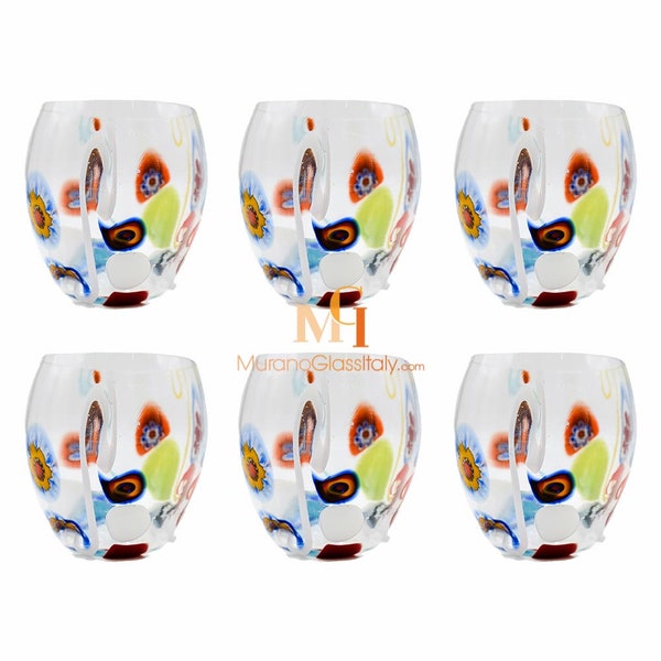 Verres à boire Millefiori - Set de 6 - Gobelets en verre de Murano soufflé à la main - Chef-d’œuvre élégant - Verrerie italienne en cristal - Fabriqué en Italie