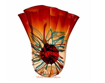 ムラーノガラス ミルフィオリ 花瓶 花器 赤 金彩 イタリア製 大型ムラーノガラス花瓶 レッド マルチミルフィオリ 22 cm イタリア製