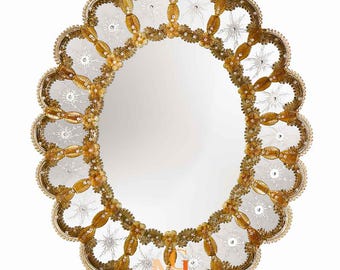 Oval Venetian Mirror with Amber Murano Glass Details