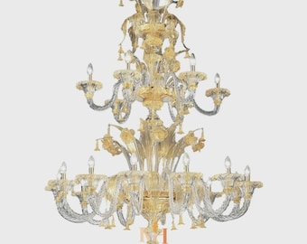 Gold and Crystal Chandelier - Handmade Chandelier - Italian Modern Light - Wired For Your Country - Hand Blown Lighting Made in Venice